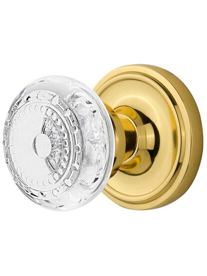 Classic Rosette Door Set with Meadows Crystal-Glass Knobs - 2 3/4 in Polished Brass.
